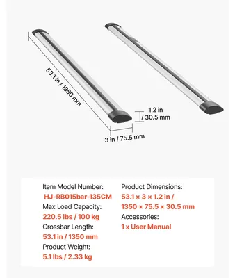Obrázok produktu pre Strešný nosič, priečny nosník, nosnosť 100 kg, povrch odolný voči poveternostným vplyvom, dĺžka 135 cm