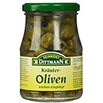 Produktbild von Feinkost Dittmann Kräuter Oliven Grün ohne Steine 170g