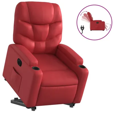 A red electric recliner chair with a lift assist feature, shown from a slightly elevated side angle against a white background. An inset diagram shows the chair's lifting mechanism and a power plug.