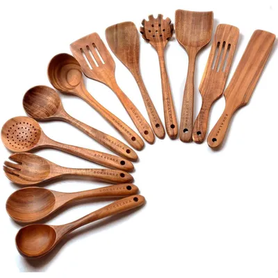 Productafbeelding van Keukenaccessoireset, 12 houten pollepels van teakwood, geschikt voor het koken
