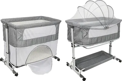 Produktbild von 2in 1 Babybett Beistellbett Babywiege Stubenwagen Reisebett Kinderbett mit Matratze und Moskitonetz Grau