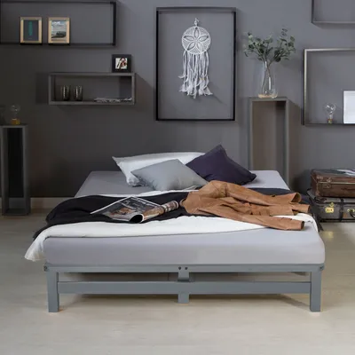 Image de Lit palette 140x200 cm Lit en bois massif gris Meuble de palette Lit en bois Lit futon