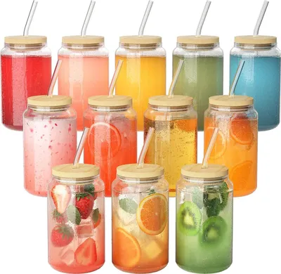 Produktbild von 12er-Pack Gläser mit Deckel und Strohhalm, 16 oz/450 ml Eiskaffee-Gläser, Cocktailgläser, Eiskaffee-Glas, Longdrink-Glas mit 2 Reinigungsbürsten