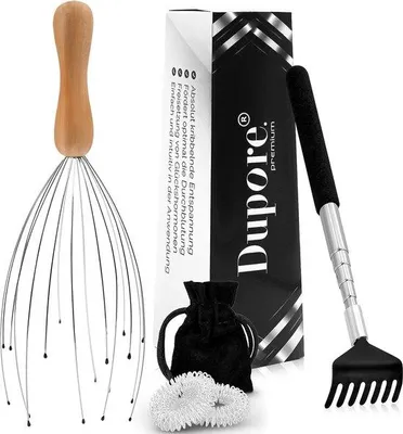 Zdjęcie produktu dla Unyqoos® – Masażer do głowy w kształcie pająka z 28 masażującymi "palcami" wykonanymi z naturalnego drewna, w zestawie wysokiej jakości grzebień do pleców oraz zestaw pierścieni do akupresury