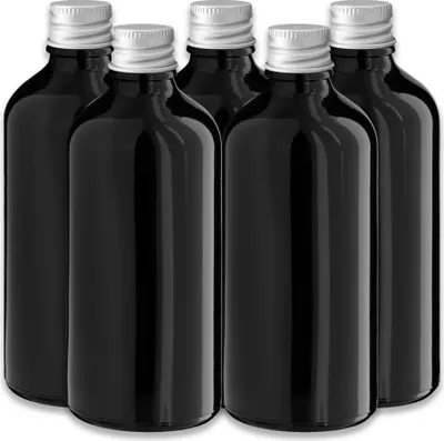 Produktbild von 5x Glasflasche schwarz 100 ml mit silbernem Aluminium Schraubdeckel