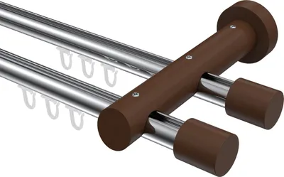 Produktbild von Interdeco Innenlaufstange / Gardinenstange mit Innenlauf Chrom / Nussbaum lackiert, Typ Talent Feta (Kappe), 20 mm Ø 2-läufig, 600 cm