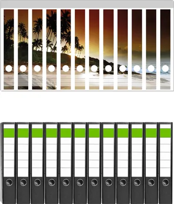 Produktbild von Wallario 12 Stück schmale Ordner inkl. Klebeetiketten mit Motive Sri Lanka - Palmenstrand mit Sonnenuntergang -  Set mit Rückenschildern / Ordnerrücken Stickern