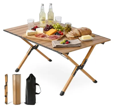 Zdjęcie produktu dla Stół kempingowy Relaxdays, składany, wys. x szer. x gł.: 44 x 90 x 60 cm, stal i tworzywo sztuczne, torba transportowa, wygląd drewniany, stół ogrodowy, kolor naturalny