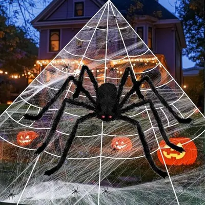 Zdjęcie produktu dla Ogromny zestaw pająków na Halloween, 1,5 m, czerwone oczy, 20 mini pająków, 80 g pajęczyny, do nawiedzonego domu, na dziedziniec, na imprezy
