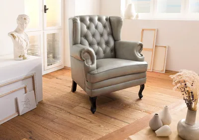Produktbild von MASSIVMOEBEL24 Ohrensessel Echtleder 88x81x105 grau CHESTERFIELD #201