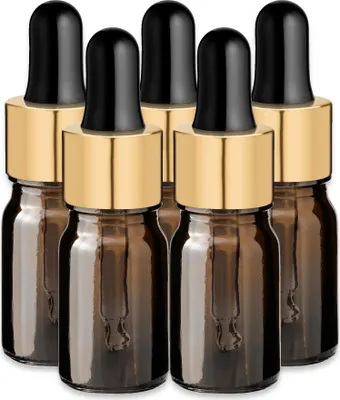 Produktbild von 5x Glasflasche braun 5 ml mit goldener Aluminium Pipette Tropfflasche