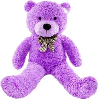 A large purple teddy bear sitting down against a white background.