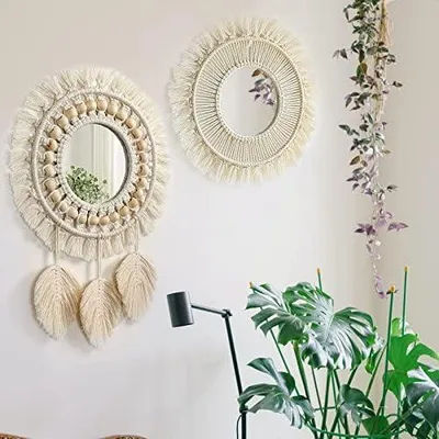 Produktbild von 2 Stück Wandbehang Dekorativer Spiegel mit Gewebten Fransen Elfenbeinweiß Boho Runder Wandspiegel für Wohnung Schlafzimmer Wohnzimmer Room Decor