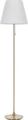 A floor lamp with a white pleated shade and a brass-colored stem and base.