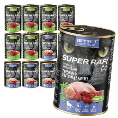 Zdjęcie produktu dla Super Rafi Cat 12x400g Bezzbożowa Mokra Karma Dla Kotów Mix 2 Smaków