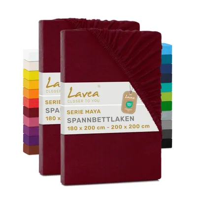 Zdjęcie produktu dla Lavea® Zestaw 2 sztuk, prześcieradła satynowe z gumką, 180/200x200 cm, 100% bawełna – Miękkie prześcieradła do materacy o wysokości do 20 cm – Kolor bordo