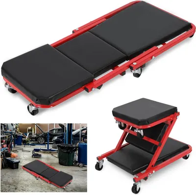 Productafbeelding van Eikuavons 2-in-1 werkplaatsrolkar 36 inch, met werkplaatsbank en inklapbare zitting, 6 x 360° zwenkwielen, draagvermogen 150 kg, staal, zwart-rood