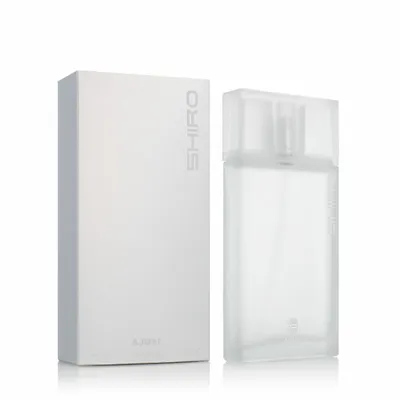 A white box and a clear bottle of perfume are shown against a white background.