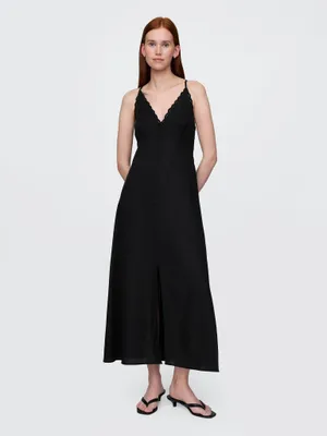 Produktbild von GAP Maxikleid aus Leinen, Schwarz, XL, Ärmellos, mit Neckholder-Ausschnitt und Stickerei