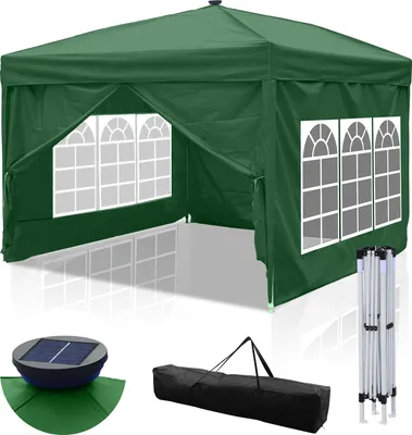 Produktbild von Hebitod Faltpavillon Pavillons & Partyzelte 3x3m, Festzelt Gartenzelt für Garten Terrasse Feier Party, Wasserdich mit Fenstern Mit Solar-LED-Licht Grün
