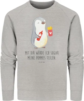 Produktbild von Mr. & Mrs. Panda Baumwoll Pullover Pinguin Pommes Größe XL - Heather Grey - Geschenk, Valentinstag, Hochzeitstag, Sweatshirt, Freund, Pulli, Mitbringsel, Sweater