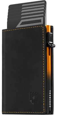 Image de Portefeuille fin pour hommes, avec compartiment à pièces, protection RFID, fermeture magnétique, noir et jaune