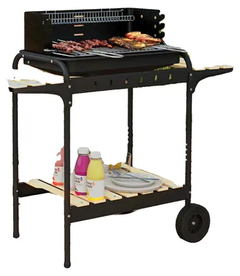 Image de Barbecue fumoir au charbon de bois, structure métallique, dimensions 103 cm x 47 cm x 95 cm, surface de cuisson 53 cm x 34 cm, hauteur de grille réglable sur 5 positions, 2 roues pour faciliter le déplacement