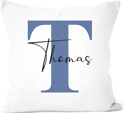 Produktbild von SpecialMe® Kissen-Bezug mit Namen und Buchstabe Kissen-Hülle Namenskissen Baumwolle personalisierte Geschenke Dekokissen weiß-blau unisize