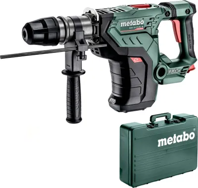A cordless rotary hammer drill and its carrying case are shown against a white background.