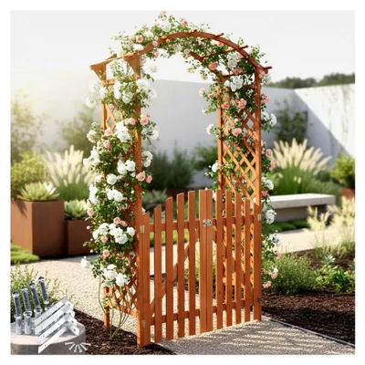 Produktbild von Holzrosenbogen mit Doppeltüren – dekorativer Gartenbogen, Rankhilfe für Rosen und Kletterpflanzen, 120x60x206 cm, Gartenelement für den Außenbereich