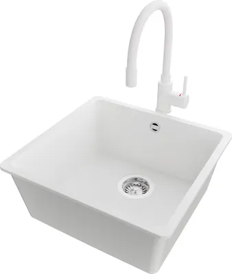 Produktbild von PRIMAGRAN Granitspüle Weiß 46x44cm, Spülbecken 1 Becken + Küchenarmatur 38x14cm + Ablauf-Set, Küchenspüle ab 50er Unterschrank - Venedig Slim Easy