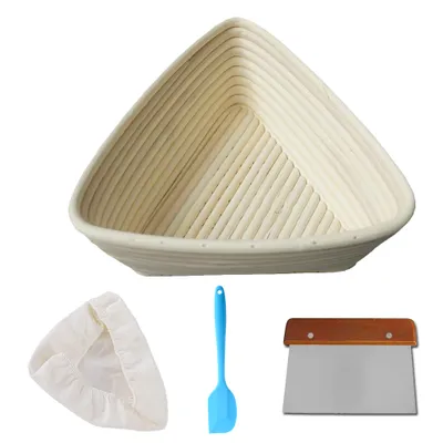 Obrázok produktu pre CANDeal 23CM trojuholníkový bannetonový košík na kysnutý chlieb, prútená rúrková forma na chlieb, sada noža na cesto, silikónová škrabka a textilná vložka, rúrkový formič na chlieb na kysnutie, košík na chlieb so stúpajúcou miskou