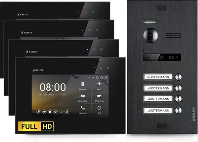 Produktbild von HD Video Türsprechanlage für 4 Familienhaus, 4x Monitor, Balter EVO HD Schwarz