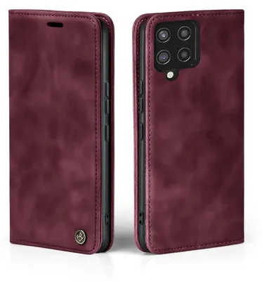 A burgundy flip case for a smartphone is shown from two angles.