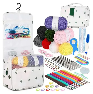 Produktbild von DIY Häkelset - 62-teiliges Set - Wolle - Häkelnadeln - Zubehör - Aufbewahrungstasche - Für Anfänger