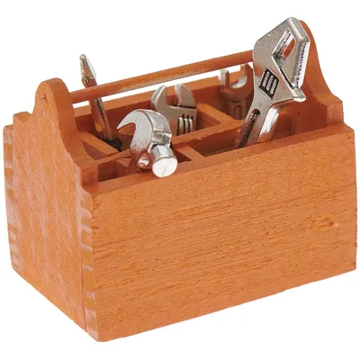 Produktbild von Rico Design Miniatur Werkzeugkoffer inkl. Werkzeug natur silberfarbig 7-tlg. 4,5x2,5x3,5cm