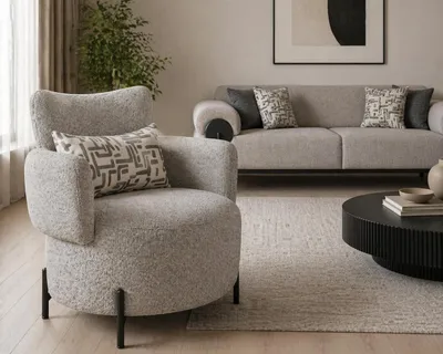 Productafbeelding van Moderne fauteuil met bekleding, grijs, loungefauteuil, bijzettafeltje, hout, kussen