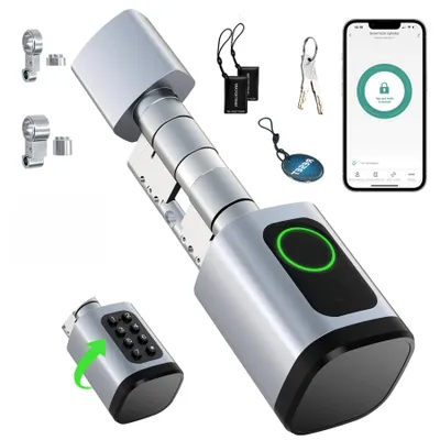 Produktbild von Elektronisches Türschloss mit Fingerabdruck, Schließzylinder verstellbar 60-90mm, Öffnen per PIN-Code, RFID-Karte, Notschlüssel & Tuya App