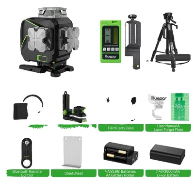 Zdjęcie produktu dla Poziomica laserowa Huepar, 16 linii 4D, Bluetooth i pilot zdalnego sterowania, ze statywem detektora