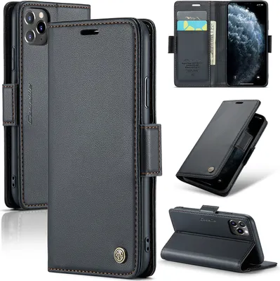 Immagine prodotto di custodia per iPhone 11 Pro, carta di blocco RFID, custodia in pelle avanzata con funzione stand per iPhone 11 Pro Nero