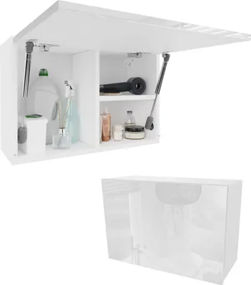 A white bathroom cabinet with its door open, showing various items inside.