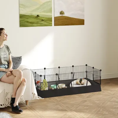 Produktbild von Kleintiergehege faltbar, Freilaufgehege Metall Oxford-Matte, Kaninchen Meerschweinchen, Schwarz | 120x60x40 cm | 12 Paneele | 3,7 kg