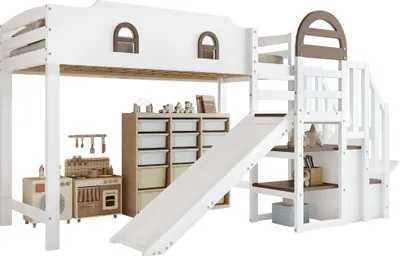Produktbild von Etagenbett 90 x 200 cm in Weiß, Kinderbett mit Fenstern, Rutsche, Treppe mit Handlauf und Stauraum, ohne Matratze
