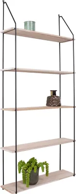 A tall, narrow shelving unit with multiple shelves, displaying decorative items and a plant.