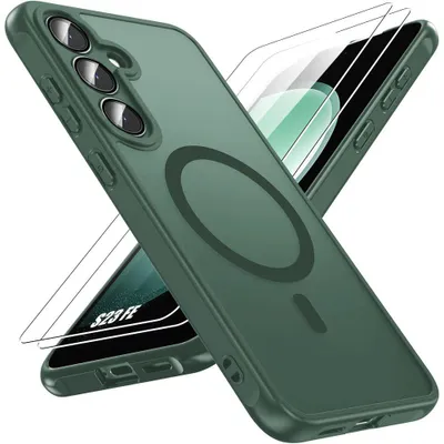 Image de Coque + 2 Verres Trempés pour Samsung Galaxy S23 FE, avec Anneau Magnétique Vitre Caméra - Vert Nuit
