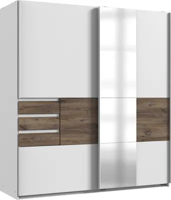 Produktbild von Schwebetürenschrank "Bamberg" in WEISS + FLAGSTAFF EICHE NB mit 3 Schubladen und 2 Türen. Abmessungen (BxH) 180x198 cm