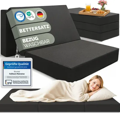 Produktbild von Blumtal Klappmatratze 140x200 cm - 3teilige Gästematratze klappbar extra dick (14 cm) - rückenfreundliche Faltmatratze Schaumstoff - faltbare Matratze + Bezug in Anthrazit hautfreundlich & waschbar