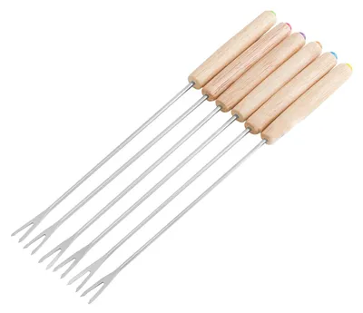 Produktbild von Edelstahl-Fonduegabel-Set - Hitzebeständig mit Holzgriff - Für Schokolade und Käse - 6 Stück