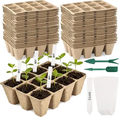 Obrázok produktu pre Pestovateľské kvetináče 50 kusov, 600 buniek, pre sadenice, biologicky rozložiteľné, vrátane štítkov