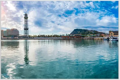 Produktbild von Wallario Wandbild Panorama des Hafens von Barcelona, Größe: 61 x 91,50 cm, Poster mit weißem Aluminiumrahmen